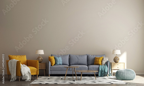 Fototapeta Naklejka Na Ścianę i Meble -  Modern cozy living room interior style. Empty wall mock up. Wall art. Beige wall background. 3d rendering, 3d illustration 