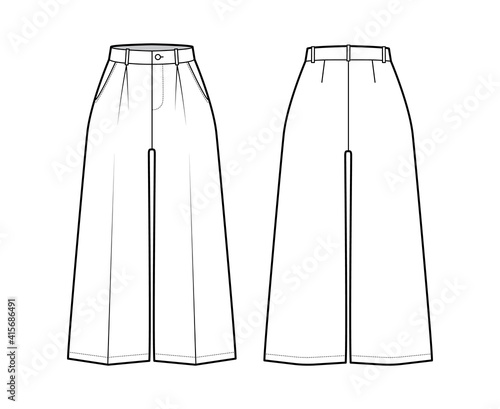 Pants capri technical fashion illustration with normal waist, high rise, single pleat, mid-calf length, wide legs, seam pockets. Flat trousers apparel template back, white color. Women, men CAD mockup