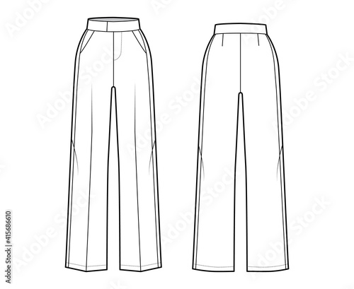 Pants tuxedo technical fashion illustration with extended normal waist, high rise, full length, slant pockets, side satin stripe. Flat trousers bottom template back, white color. Women, men CAD mockup