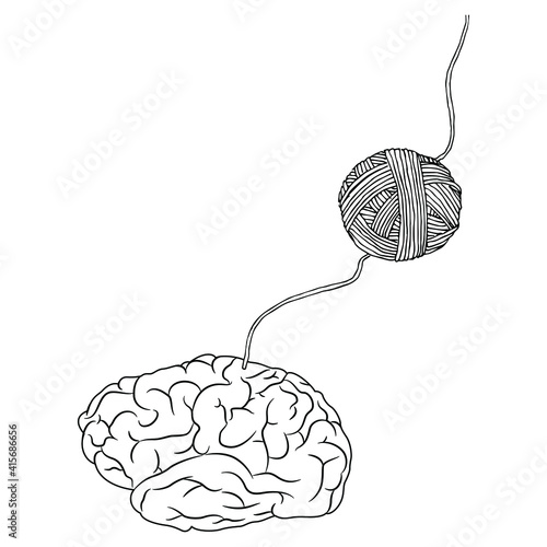 Thread leading from yarn ball to human brain. Black and white linear silhouette. Creative concept for knowledge.