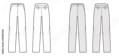 Pants straight silhouette technical fashion illustration with flat front, low waist, rise, full length, slant, flap pockets. Flat trousers template back, white, grey color. Women men unisex CAD mockup