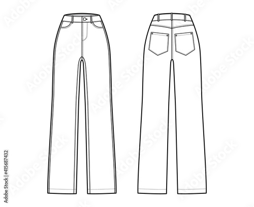 Straight Jeans Denim pants technical fashion illustration with full length, normal waist, high rise, 5 pockets, Rivets. Flat bottom template front, back, white color style. Women men unisex CAD mockup