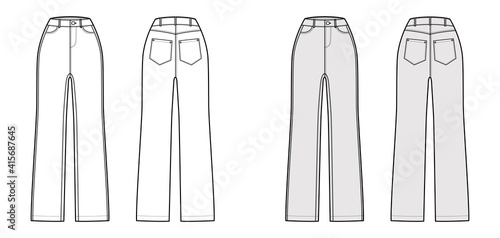 Jeans Denim pants technical fashion illustration with normal waist, high rise, 5 pockets, Rivets, belt loops. Flat bottom template front, back, white, grey color style. Women, men, unisex CAD mockup