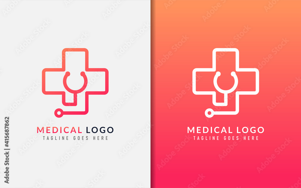 Medical Care Logo Design. Abstract Medical Cross Symbol Combined with Stethoscope Shape. Vector Logo Illustration.