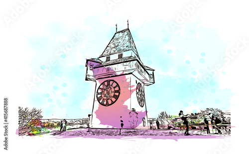 Building view with landmark of Graz is the city in Austria. Watercolour splash with hand drawn sketch illustration in vector.
