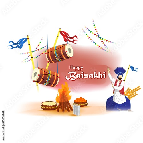 Vector illustration for happy Baisakhi, Indian punjabi festival with festival theme elements.
