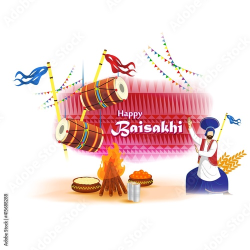 Vector illustration for happy Baisakhi, Indian punjabi festival with festival theme elements.