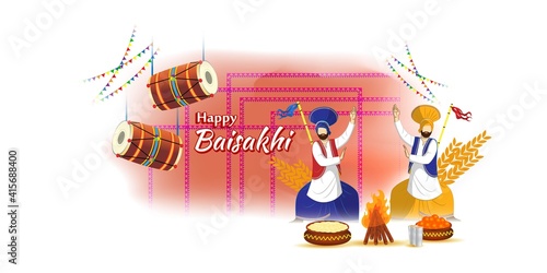 Vector illustration for happy Baisakhi, Indian punjabi festival with festival theme elements.