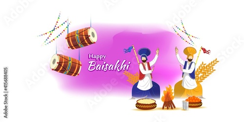 Vector illustration for happy Baisakhi, Indian punjabi festival with festival theme elements.