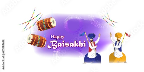 Vector illustration for happy Baisakhi, Indian punjabi festival with festival theme elements.
