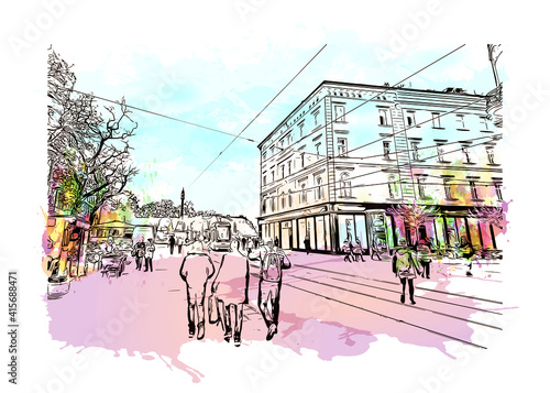Building view with landmark of Graz is the
city in Austria. Watercolour splash with hand drawn sketch illustration in vector.