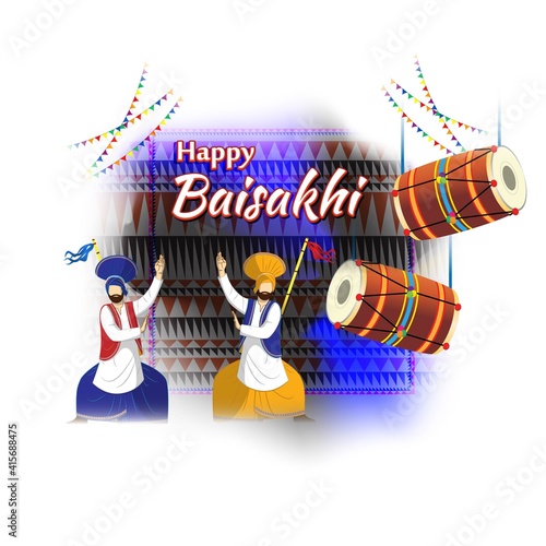 Vector illustration for happy Baisakhi, Indian punjabi festival with festival theme elements.
