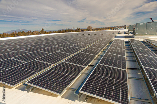 Warehouse roof with solar panels in central Oregon