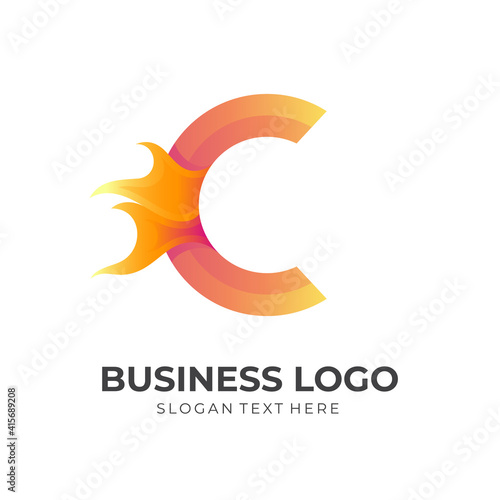 Fire logo and letter C design combination, colorful design