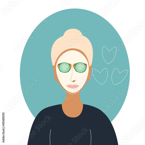 The girl takes care of herself, a sheet mask with cucumbers over her eyes.