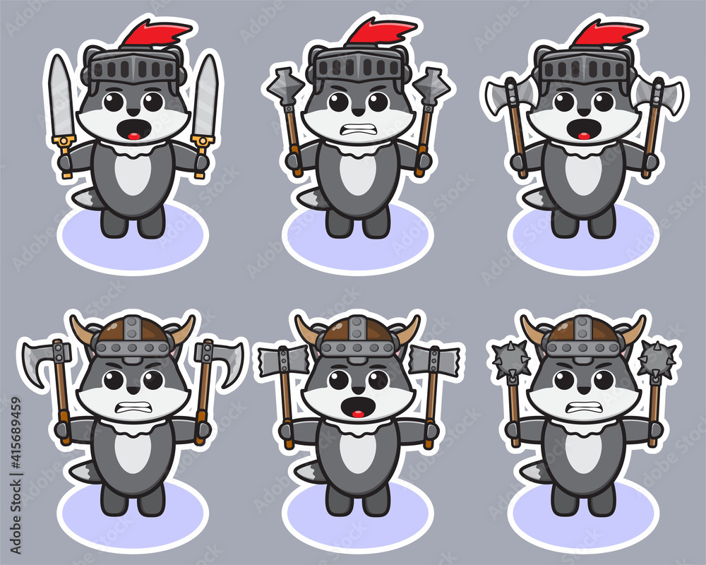 Obraz premium Vector illustration of cute Gray Wolf Knight with Dual weapon cartoon. Cute Wolf expression character design bundle. Good for icon, logo, label, sticker, clipart.