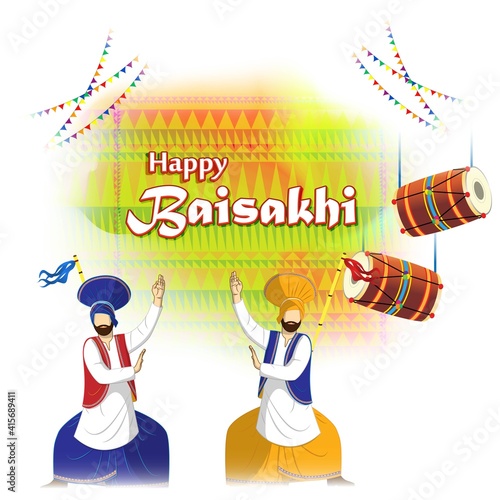 Vector illustration for happy Baisakhi, Indian punjabi festival with festival theme elements.