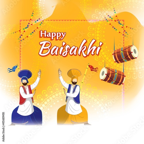 Vector illustration for happy Baisakhi, Indian punjabi festival with festival theme elements.