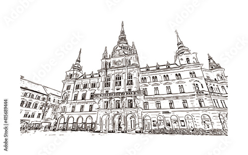 Building view with landmark of Graz is the city in Austria. Hand drawn sketch illustration in vector.