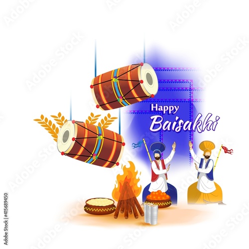 Vector illustration for happy Baisakhi, Indian punjabi festival with festival theme elements.