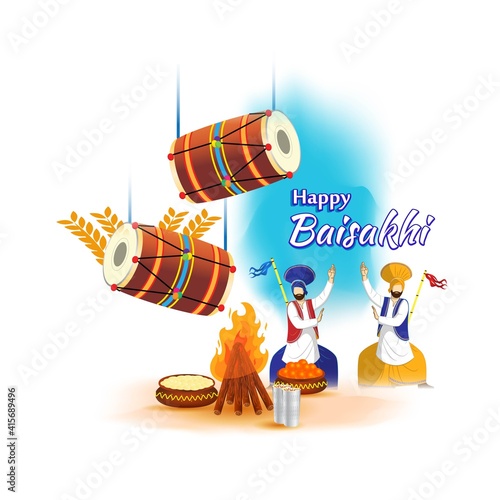 Vector illustration for happy Baisakhi, Indian punjabi festival with festival theme elements.