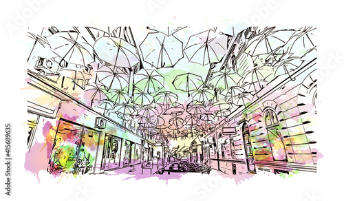 Building view with landmark of Sombor is the
city in Serbia. Watercolour splash with hand drawn sketch illustration in vector.