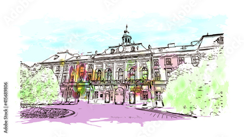 Building view with landmark of Sombor is the
city in Serbia. Watercolour splash with hand drawn sketch illustration in vector.
