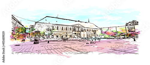 Building view with landmark of Sombor is the
city in Serbia. Watercolour splash with hand drawn sketch illustration in vector.