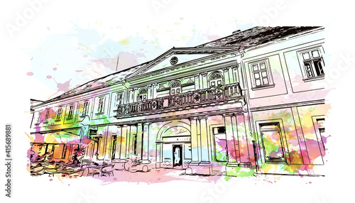 Building view with landmark of Sombor is the
city in Serbia. Watercolour splash with hand drawn sketch illustration in vector.