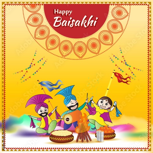 Vector illustration for happy Baisakhi, Indian punjabi festival with festival theme elements.