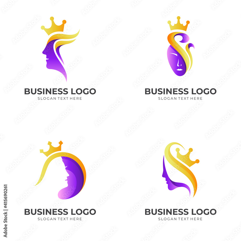 beauty queen logo, woman and crown, combination logo with 3d purple and gold style