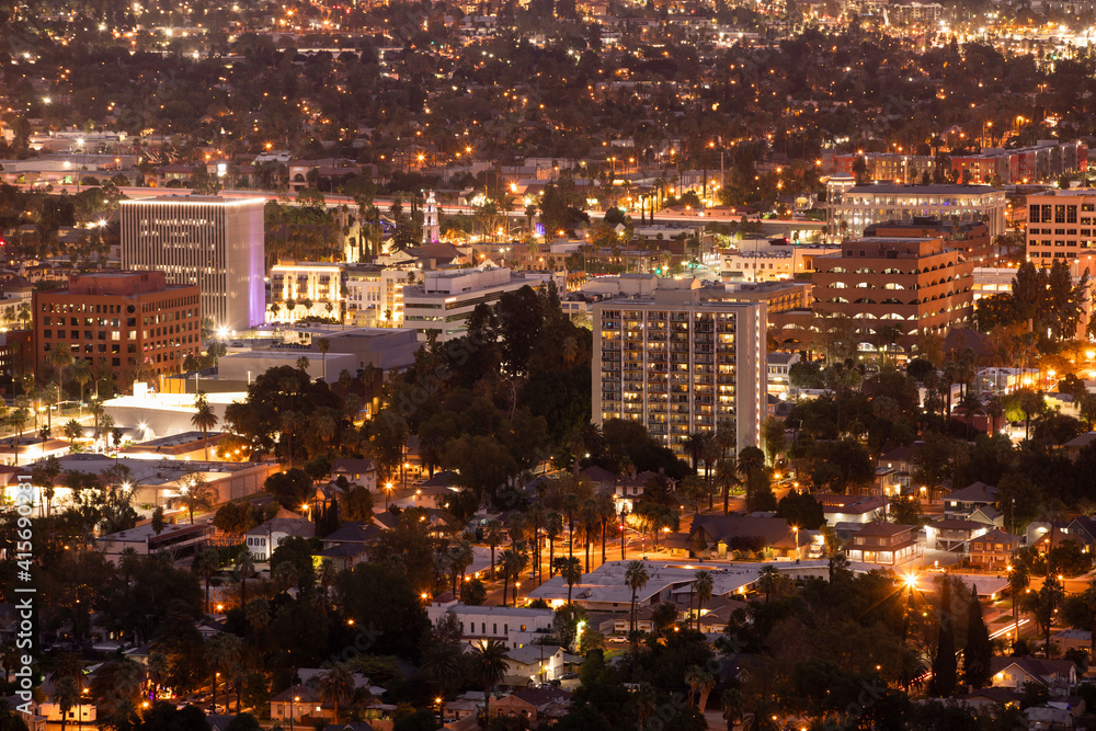 Aerial nighttime skyline view of Downtown Riverside, California, USA.