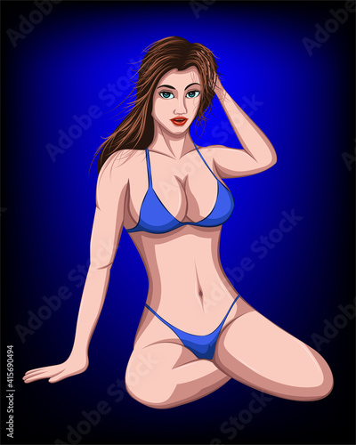 Vector illustration of a beautiful woman in good shape and sexy in bikini. She is sitting and stroking her hair.