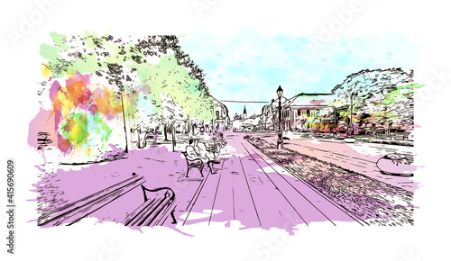 Building view with landmark of Sombor is the
city in Serbia. Watercolour splash with hand drawn sketch illustration in vector.