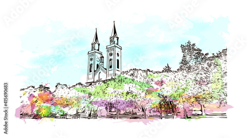 Building view with landmark of Sombor is the
city in Serbia. Watercolour splash with hand drawn sketch illustration in vector.