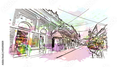 Building view with landmark of Sombor is the
city in Serbia. Watercolour splash with hand drawn sketch illustration in vector.