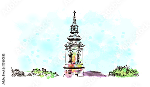 Building view with landmark of Sombor is the
city in Serbia. Watercolour splash with hand drawn sketch illustration in vector.