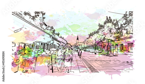 Building view with landmark of Sombor is the
city in Serbia. Watercolour splash with hand drawn sketch illustration in vector.
