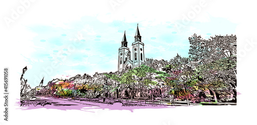 Building view with landmark of Sombor is the
city in Serbia. Watercolour splash with hand drawn sketch illustration in vector.
