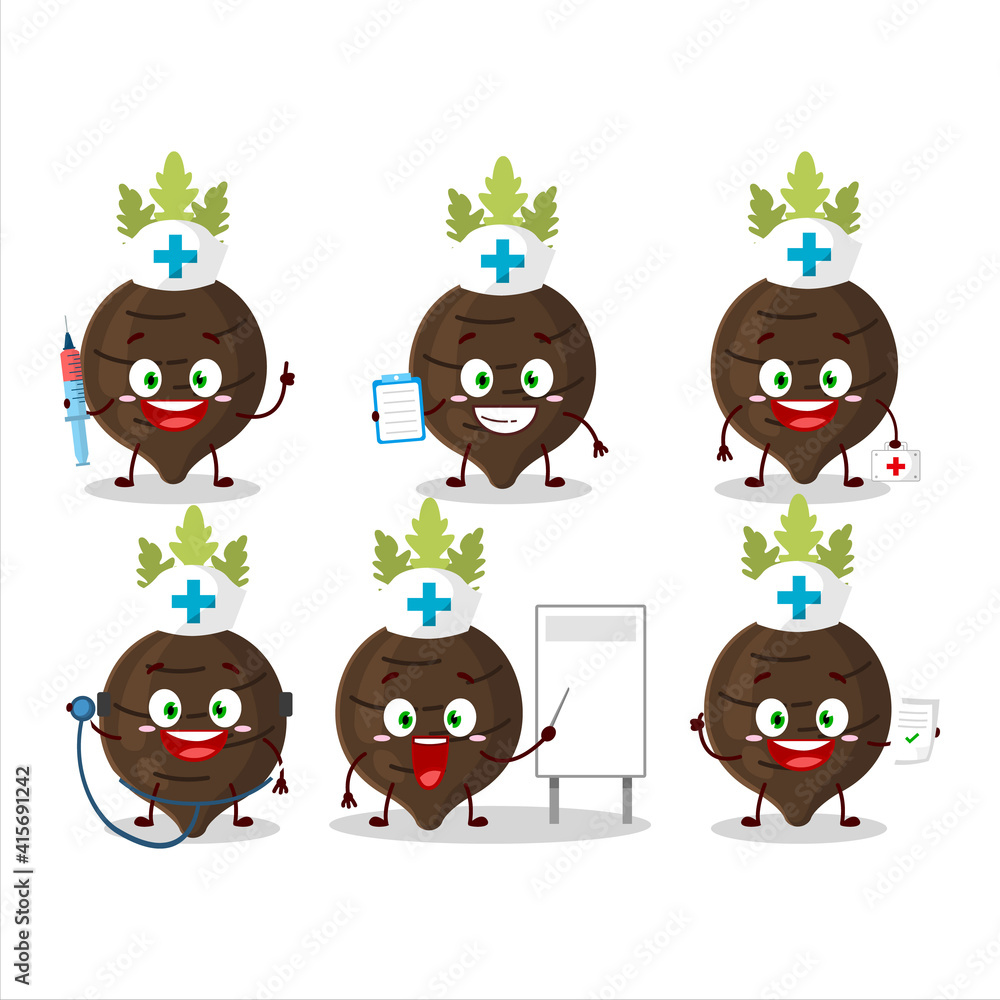 Obraz premium Doctor profession emoticon with black radish cartoon character