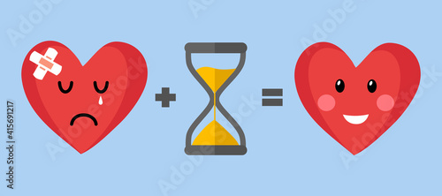 Time heal a broken heart concept vector illustration. Sad crying heart, sandglass clock and smiling happy heart  in flat design.