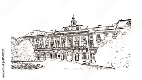 Building view with landmark of Sombor is the
city in Serbia. Hand drawn sketch illustration in vector.