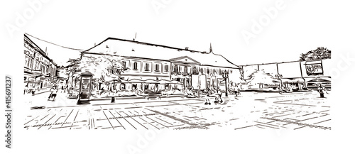 Building view with landmark of Sombor is the
city in Serbia. Hand drawn sketch illustration in vector.