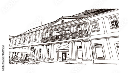 Building view with landmark of Sombor is the
city in Serbia. Hand drawn sketch illustration in vector.