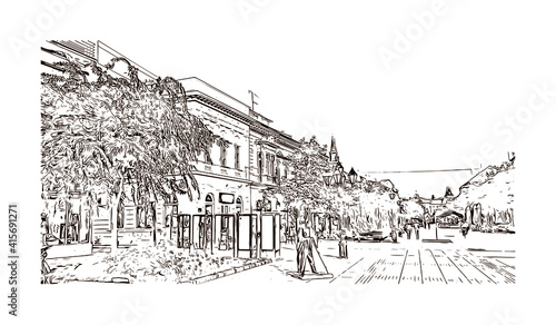 Building view with landmark of Sombor is the
city in Serbia. Hand drawn sketch illustration in vector.