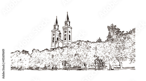 Building view with landmark of Sombor is the
city in Serbia. Hand drawn sketch illustration in vector.