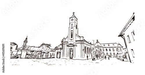 Building view with landmark of Sombor is the
city in Serbia. Hand drawn sketch illustration in vector.