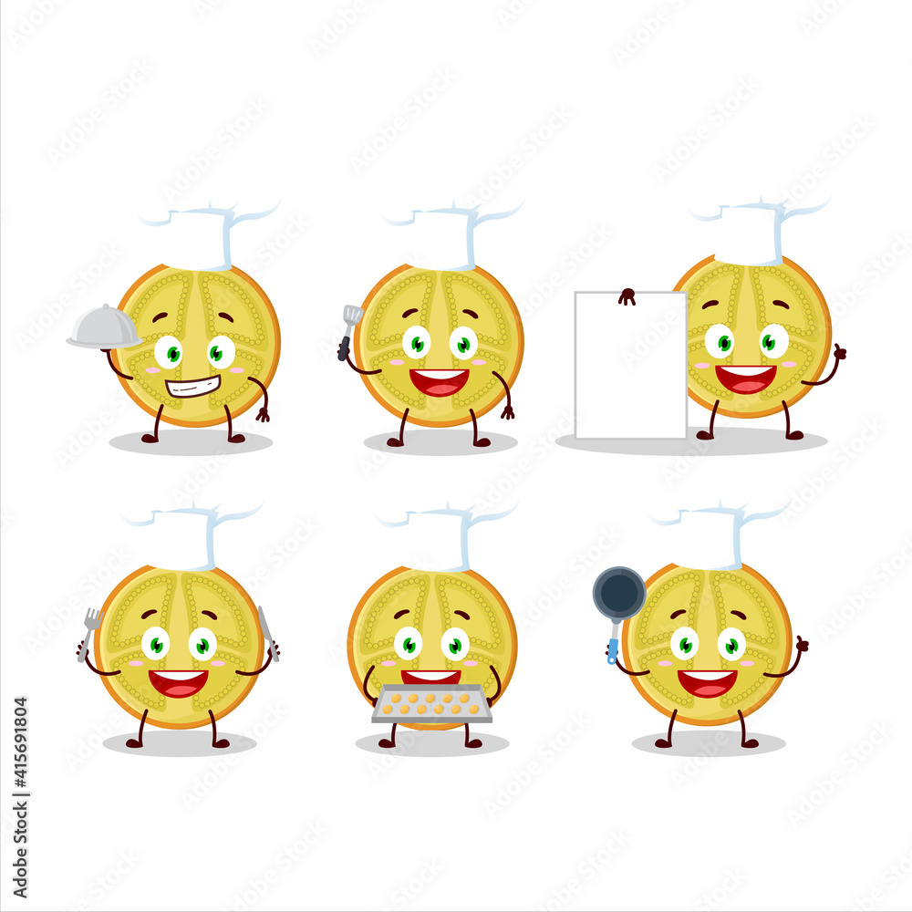 Cartoon character of slice of lulo with various chef emoticons Cartoon character of slice of lulo with various chef emoticons