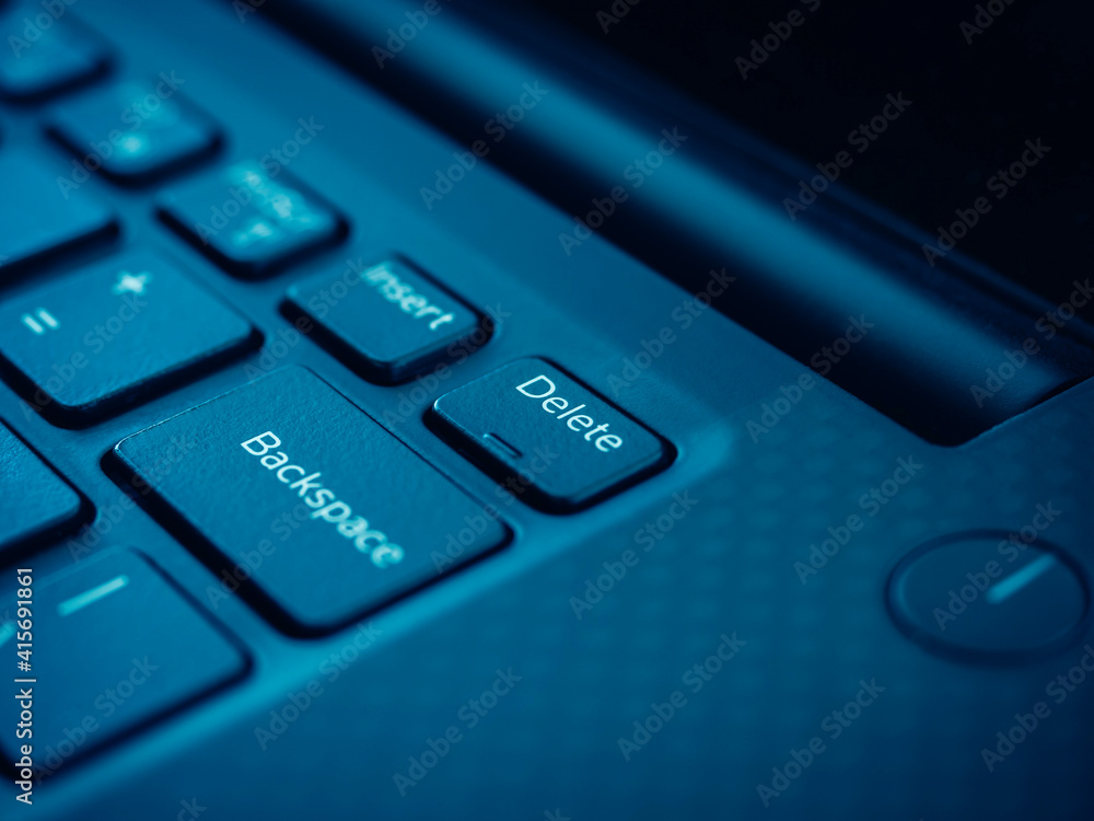 Delete key on black keyboard of laptop computer. Delete key on black keyboard of laptop computer.