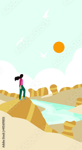 Decorative painting vector of a girl admiring the natural scenery